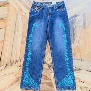 Cruel Girl, Women's 15, Low Rise Relaxed Fit Studded Turquoise Embroidered Jeans